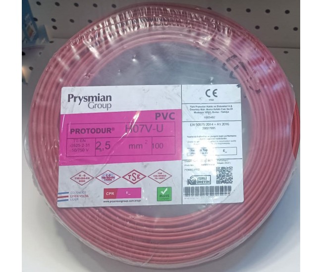 Prysmian 2,5 mm H07V-U NYA Enerji Kablosu Tek Damar Kırmızı  100MT